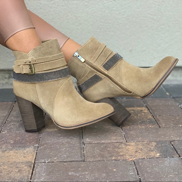 Tan Genuine Suede Buckle Embellished Ankle Booties - Picture 7 of 8